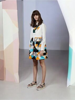 MSGM Women’s High Waist A-Line Mini Dress  Multicolor Geometric Pleated SZ 44 EU
